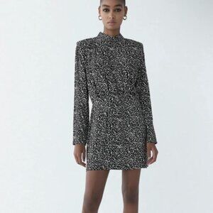 Zara Mini Dress Sz M Womans Black White Printed Mock Neck Long Sleeve Rhinestone